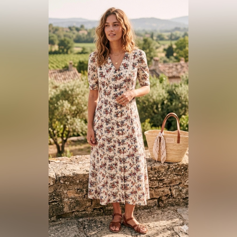 Vintage Romantic Calico Floral Maxi Dress Crochet Lace Collar V-Neck Cream L